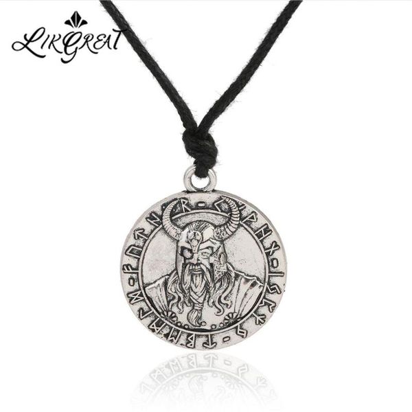 

likgreat nordic viking pirate horn helmet necklace futhark runes pendant vintage amulet round jewelry cord link chain adjustable, Silver