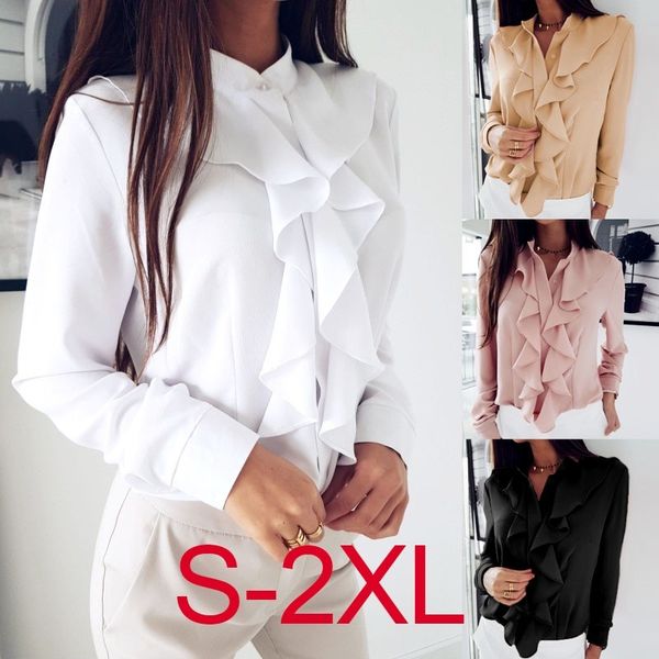 

women's blouses & shirts ruffles chiffon office women blouse 2021 autumn white black slim long sleeve shirt ladies casual v-neck work