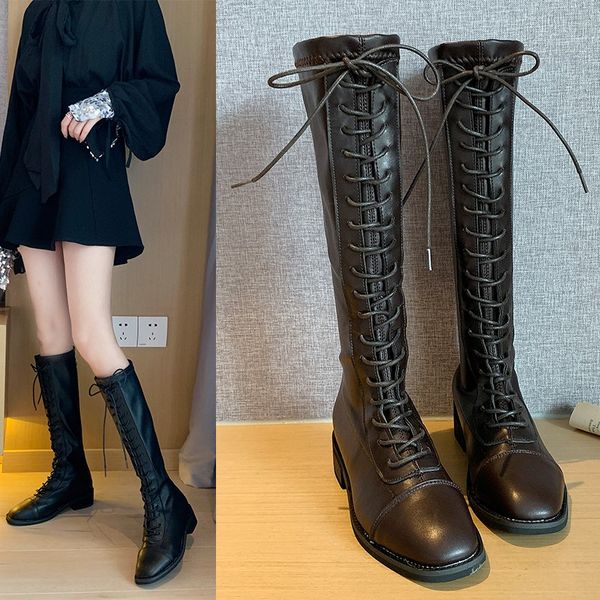

chunky platform leather knee-high boots women retro punk height increasing long boots woman lace up booties mujer 2020, Black
