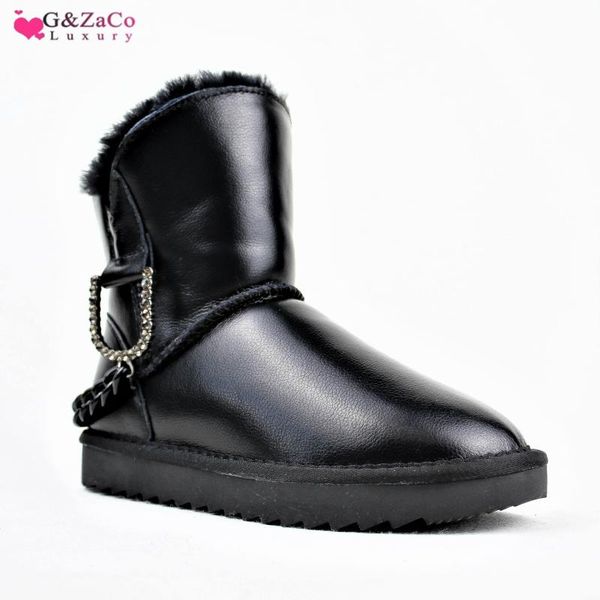 

g&zaco luxury wool boots women waterproof genuine leather cowhide snow boots sheep fur boot chain winter fashion women's shoes, Black