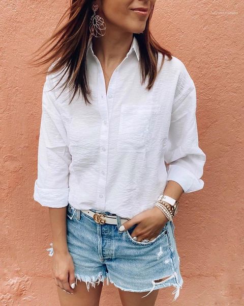 

casual long sleeve womens designer shirts lapel neck with pockets lightweight pure color female shirts linen white womens blouses ol style