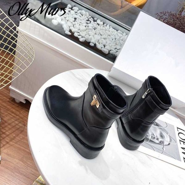 

prowow new genuine leather ankle boots round toe square thick hee metal studded bukle party casual boots winter zapatillas mujer, Black