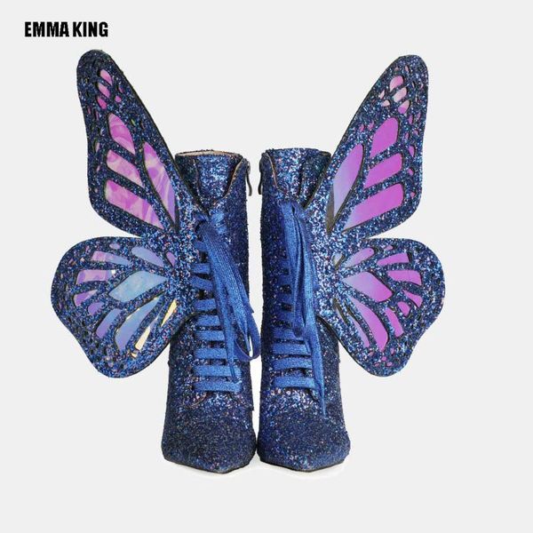 

emma king high heels ankle boots bling bling colorful flake gladiator boots lace-up short booties fine heel pointed ankle, Black