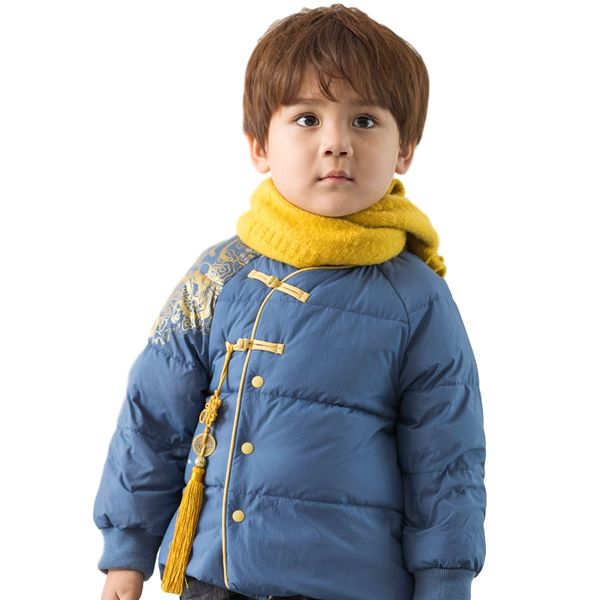 

детская одежда стенд воротник край, кнопка контрастный цвет диска, дракон и феникс тотем, цяньлуна тун бао подвеска с длинным рукавом вниз л, Blue;gray