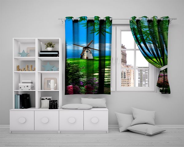 

child bedroom blackout 3d curtain windmill on the verdant meadow beautiful and practical 3d digital printing curtains