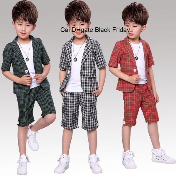 

casual boys plaid suits set summer flower kids cotton coat pants 2pcs outfits fashion child formal wedding performance costume