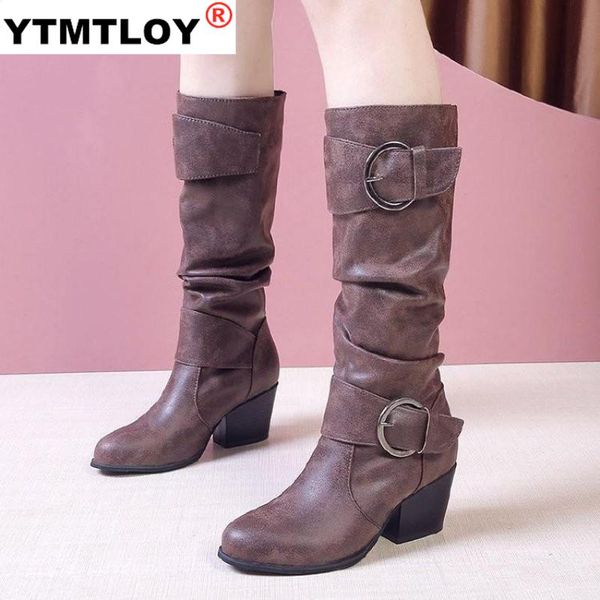 

women's high boots buckle strap pu leather knight fashion heels riding women bottes femme size 43 mid-calf winter rome square, Black