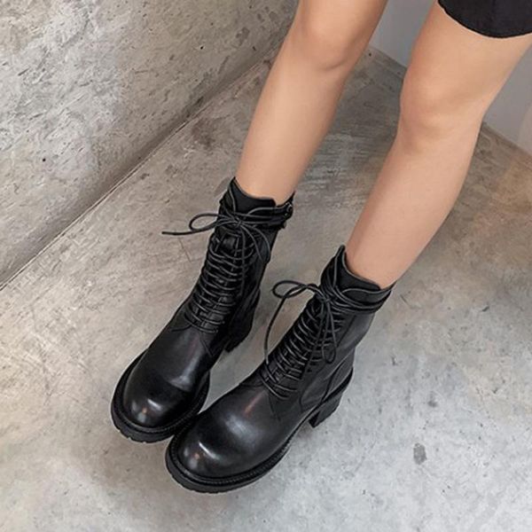 

genuine cow leather zipper mid-calf black boots shoes for women high heels winter lace-up riding footwear boots retro handmade