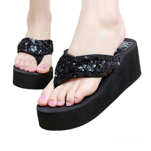 

2020 new women flops solid slides women sandals thickness sequin shoes zapatillas shoes slippers beach, Black