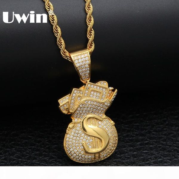 

uwin us money bag necklace pendant full bling cubic zirconia iced out gold chains silver gold color hiphop jewelry for men