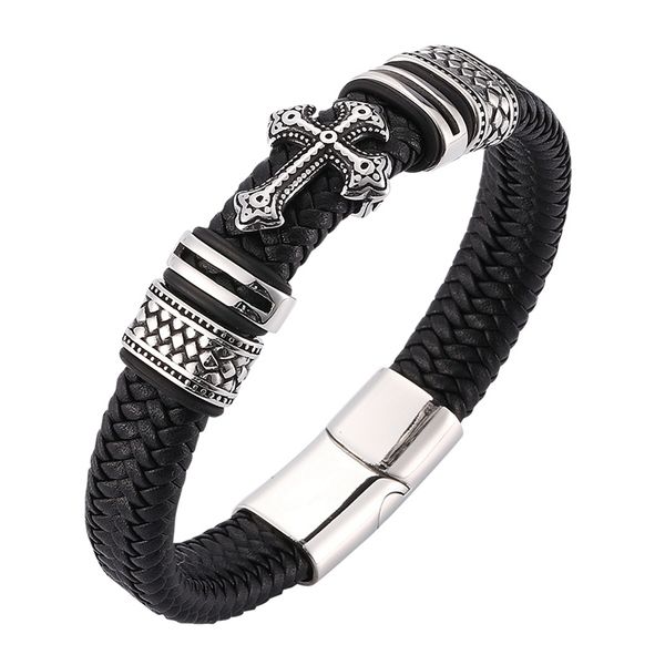 

men jewelry stainless steel cross charms bracelets bangles leather bracelet handmade braid leather bracelet bb0066, Golden;silver