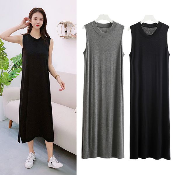 

modal plus size dress women's 2020 summer dress new v-neck bottoming tshirt dresses loose nightdress split small black, Black;gray