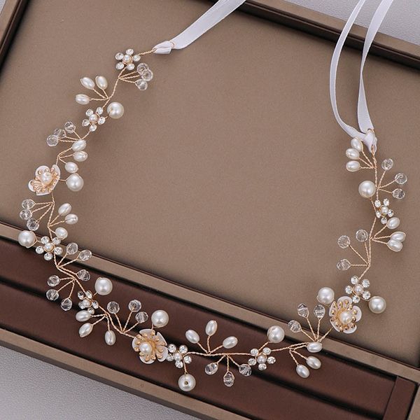 

forseven delicate crystal simulated pearls flower hair bands headbands ribbon bride noiva wedding party hair accessories, Golden;silver