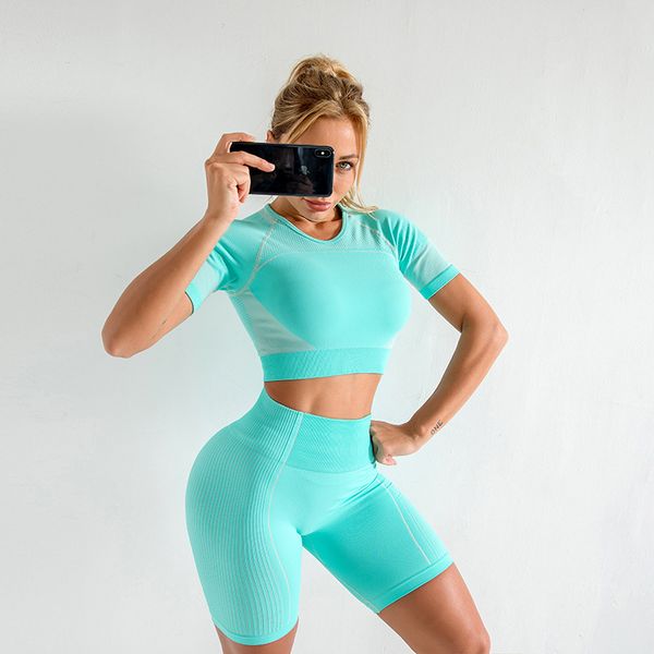 

seamless women yoga set crop short sleeve shirt high waist running shorts workout clothes for women gym set yoga sport, White;red