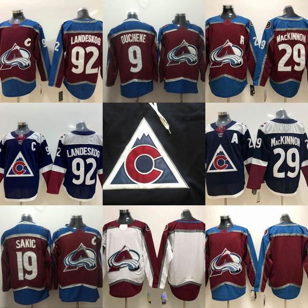 

men colorado avalanche 9 matt duchene 19 joe sakic 29 nathan mackinnon 92 gabriel landeskog maroon red white hockey jersey, Black;red