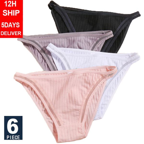 

women's panties 6pcs/set women cotton underwear hollow waist band lace under-wear female underpants lingerie solid color, Black;pink