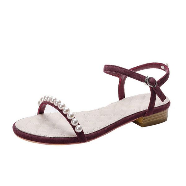 

summer flat sandals pearl open toe roman style sandals ladies comfort elegant beach shoes black wine red ankle strap