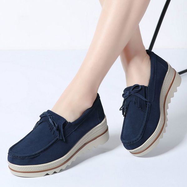 

2020 autumn women flat platform shoes casual sneakers tassel on dress leather suede slip on shoes creepers moccasins, Black