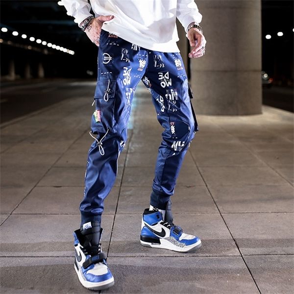 

письмо ленты повседневный hip hop joggers cargo pants для мужчин блоке hit цвет карманный трек брюки мужской брюки sweatpants streetwear, Black