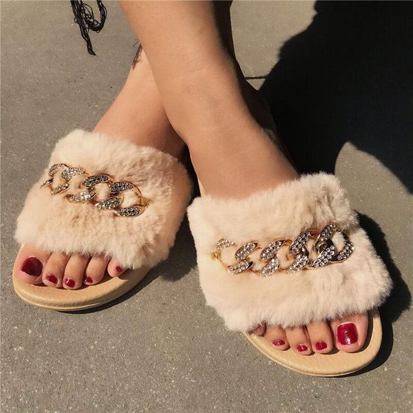 

fur slippers women summer casual furry slippers flat non-slip slides large size flip flops 2020 dropshipping, Black