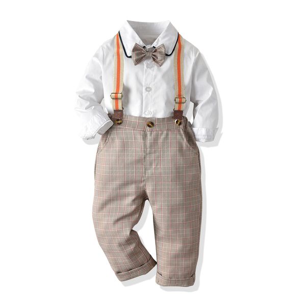 

kids spring 2021 models in europe and america strap tie shirt suit boy preppy plaid pants suit school, White