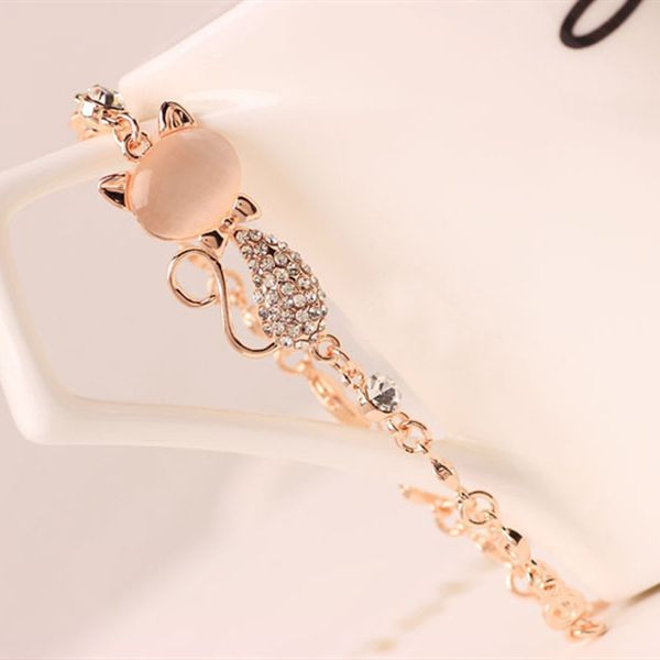

rose gold alloy lovely cat bracelets for women femme children girl gift jewelry charms crystal opals rhinestone bangle chain, Golden;silver