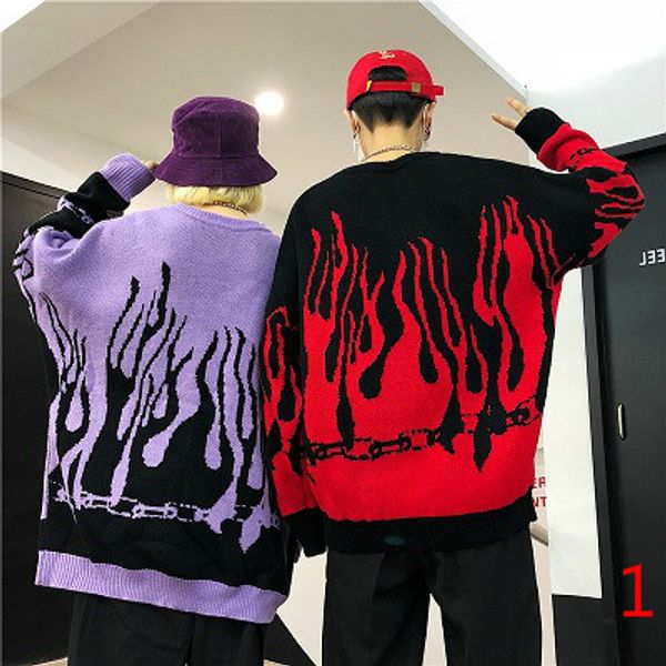 

мужские свитера 2020 осень зима harajuku flame вязание сыпучего длинный рукав свитер контрастность цвет streetwear пуловер, White;black