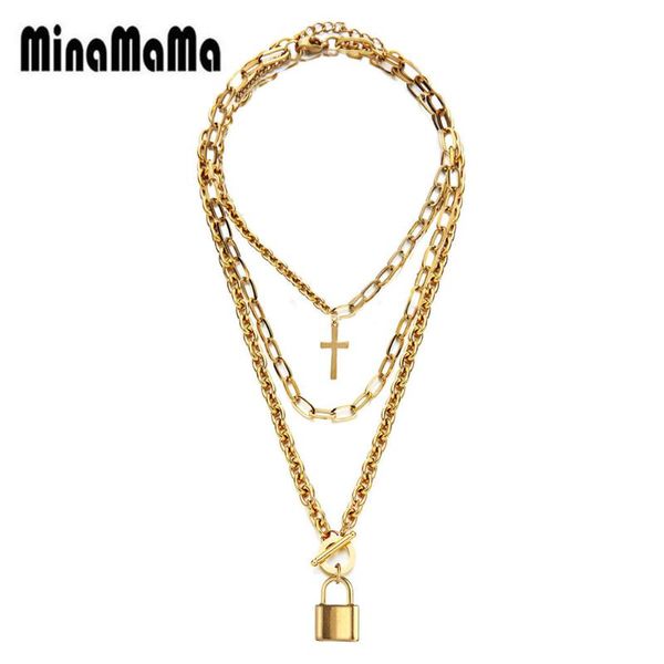 

stainless steel multi layer cross lock pendant choker necklace for woman men couple 3 layer square chain padlock cross necklaces, Silver