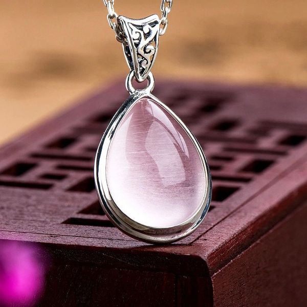 

women sterling silver 925 with natural gemstone angle tear water drop shape rose quartz pendant thai silver ethnic jewelry