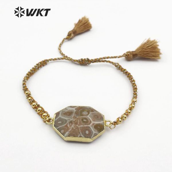 

wt-b424 wkt латунных бусины шнура обернутого браслет природной хризантема с короткой кисточкой шарма женщинами винтажных браслетами, Golden;silver