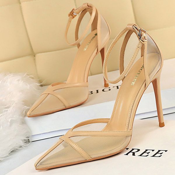 

2020 summer designer women nude mesh sandals 10cm pencil high heels sandals buckle strap yellow valentine shoes big size, Black