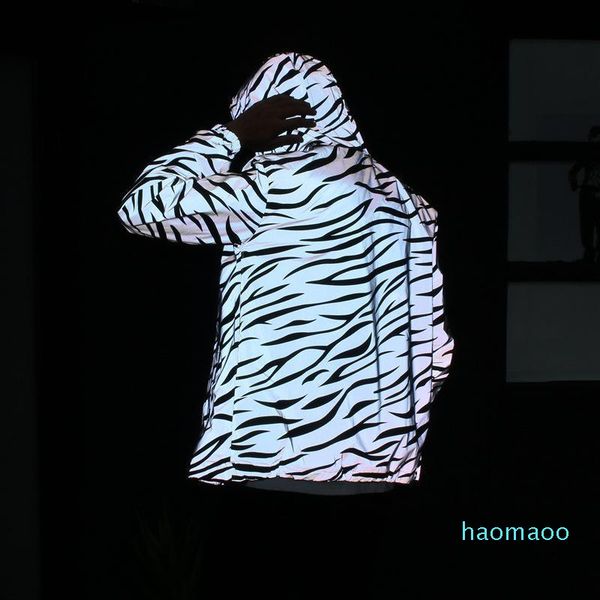 

fashion-reflective jacket waterproof windbreaker zebra stripes printing double layers jacket hip-hop pocket hooded streetwear5, Black;brown