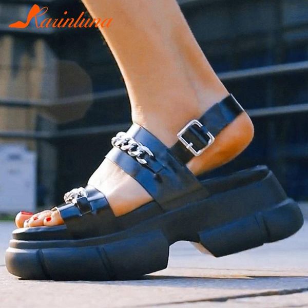 

karin ins split leather fashion stylish ins flat platform chains summer sandals shoes women, Black