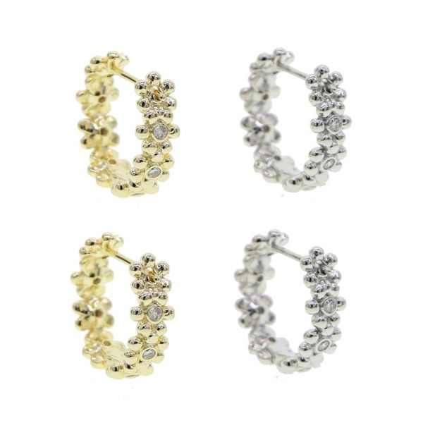 

hoop & huggie 2021 fashion gold silver color earrings flower shape with clear crystal cubic zirconia paved wedding earring for women, Golden;silver