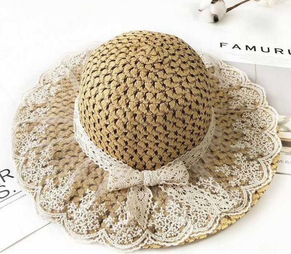 

Parent-child Summer Women's Sun Hat Bucket cap beige lace Bowknot Flowers Ribbon Flat top Straw Hats Beach Caps Panama seaside