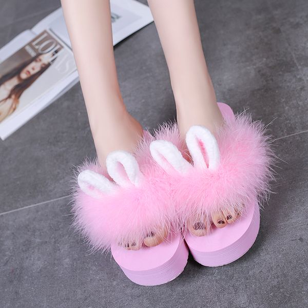 

2020 fur slide flip flops women ostrich feather home slippers female sweet fenty wedges sandals beach pantufa platform casual, Black