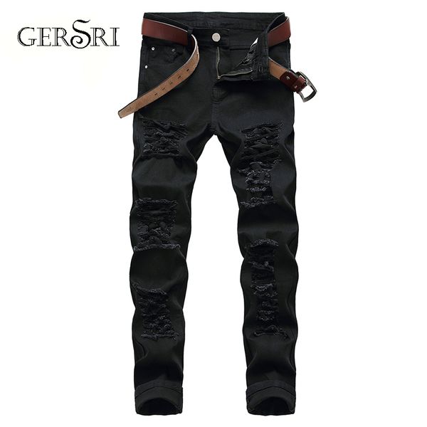 

gersri new mens ripped biker jeans straight skinny with holes distressed denim pants black blue long pants male trousers