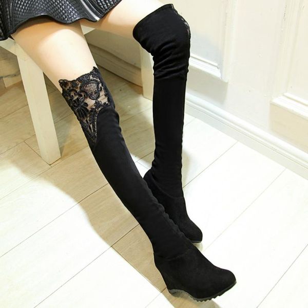 

women's lace over-the-knee high boots suede stretch fabric wedges ladies shoes woman solid color slip-on casual long booties, Black