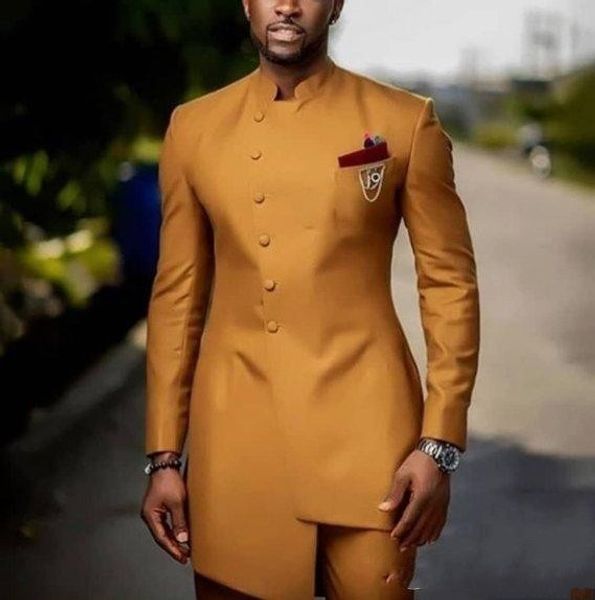 

Gold Stand Collar Mens Suits Serge Wedding Groom Suits terno masculino Prom Suits Slim Fit Two Pieces Jacket+Pant High Quality