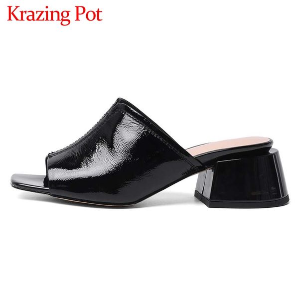 

krazing pot large size natural leather peep toe high heels slip on mules simple solid young lady daily wear sandals women l1f1, Black