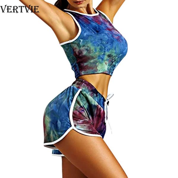 

vertvie women sport suit 2 piece yoga set tie dye sleeveless biker shorts workout tracksuit summer ladies gym running suit, White;red