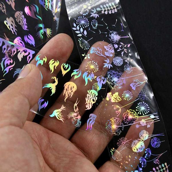 

4*100cm/roll holographic nail foil flame dandelion panda bamboo holo nail art transfer sticker water slide art decals, Black