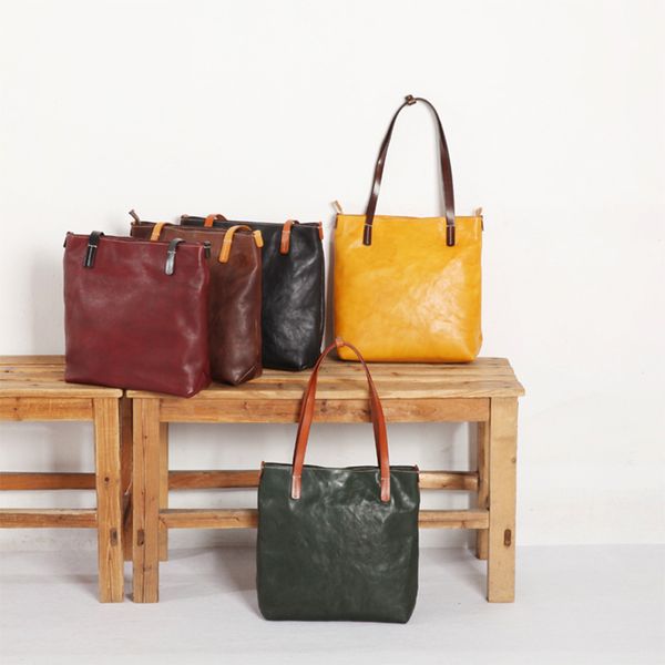

2020 new original hand-made vegetable tanned tote handbag layer cowhide vertical tote bag color contrast one-shoulder bag
