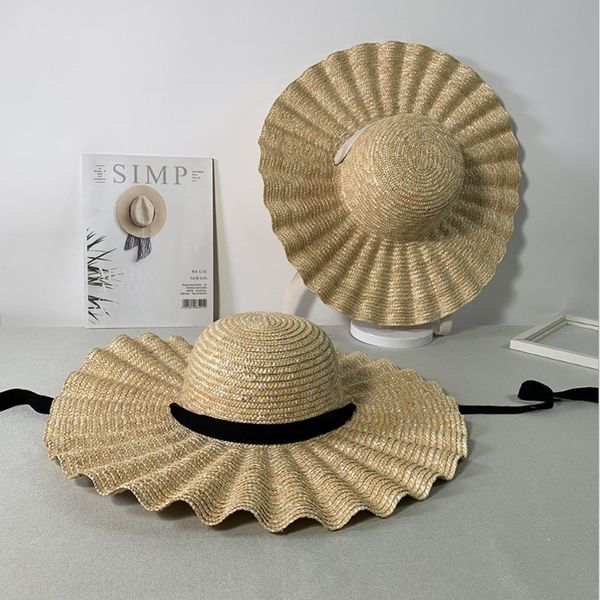 

wzcx lotus leaf ribbon wide brim shade straw hat new flat fashion outdoor solid color summer women hat beach, Blue;gray