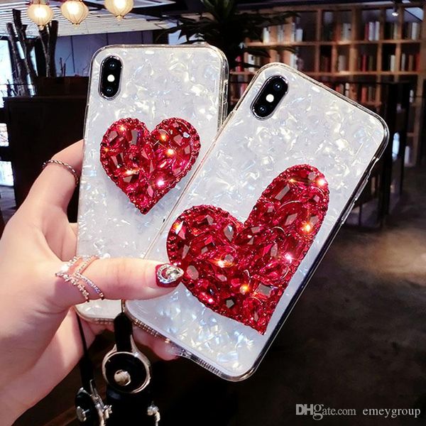 

luxury diamond love heart phone case for iphone x xs xr xs max 6 6s 7 8 plus bling rhinestone soft tpu shell cover with strap