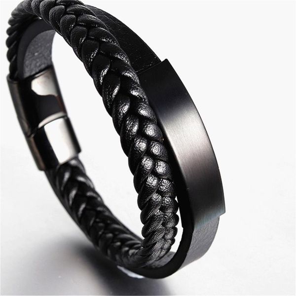 

luxury curved design stainless steel accessories magnetic button braid multilayer genuine leather bracelet for men punk jewelry, Black
