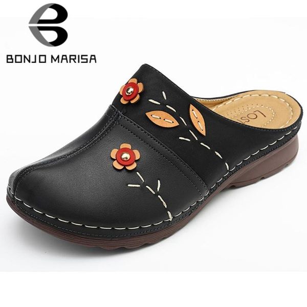 

bonjomarisa new concise round toe appliques slides comfy low wedges slippers women slip-on casual shoes woman, Black