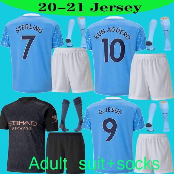 

new 2020 2021 thailand sterling de bruyne kun aguero 19 20 21 soccer jersey city jersey football shirt suit+socks uniforms, Black