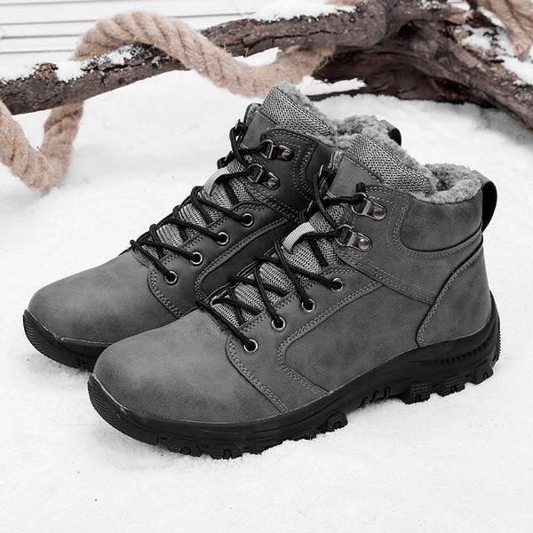 

zapatos warm plush winter shoes men ankle snow boots erkek bot pu leather shoes men vintage flat male boots wearable footwear, Black