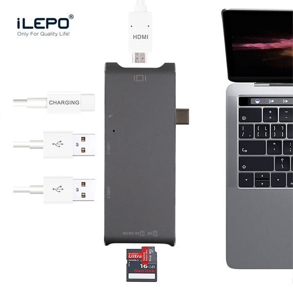 

type c 6 in 1 multiport adapter hub type-c to hdmi usb 3.0 port and usb-c charging port for macbook pro matebook